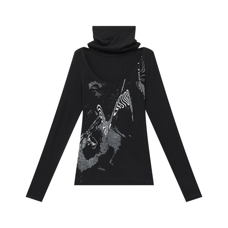QIUQIU_STUDIO_Coffee_Black_Printed_Crewneck_Neckwarmer_Slim_Fit_Women&