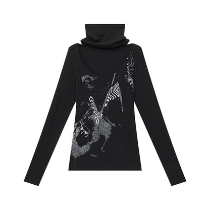 QIUQIU_STUDIO_Coffee_Black_Printed_Crewneck_Neckwarmer_Slim_Fit_Women&