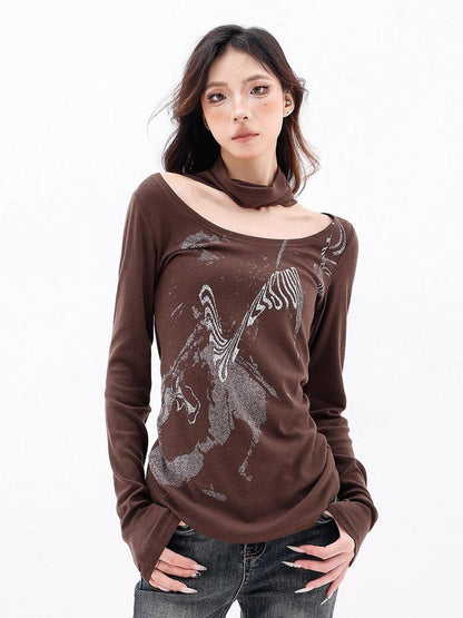 QIUQIU STUDIO Coffee Black Printed Crewneck Neckwarmer Slim Fit Women&