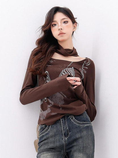 QIUQIU STUDIO Coffee Black Printed Crewneck Neckwarmer Slim Fit Women&
