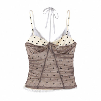 QIUQIU_STUDIO_Coffee_Mesh_Spliced_Polka_Dot_Tie_Strap_Women&