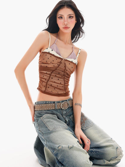 QIUQIU STUDIO Coffee Mesh Spliced Polka Dot Tie Strap Women&