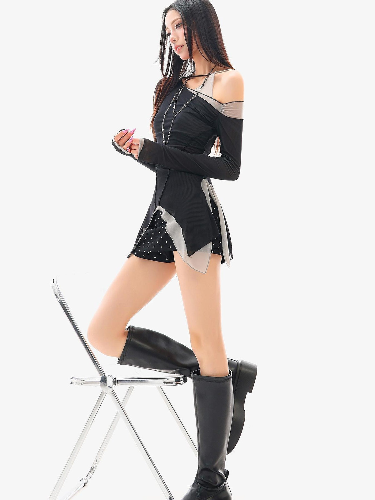 QIUQIU STUDIO Color Block Asymmetric One Shoulder Mesh Long Sleeve Women&