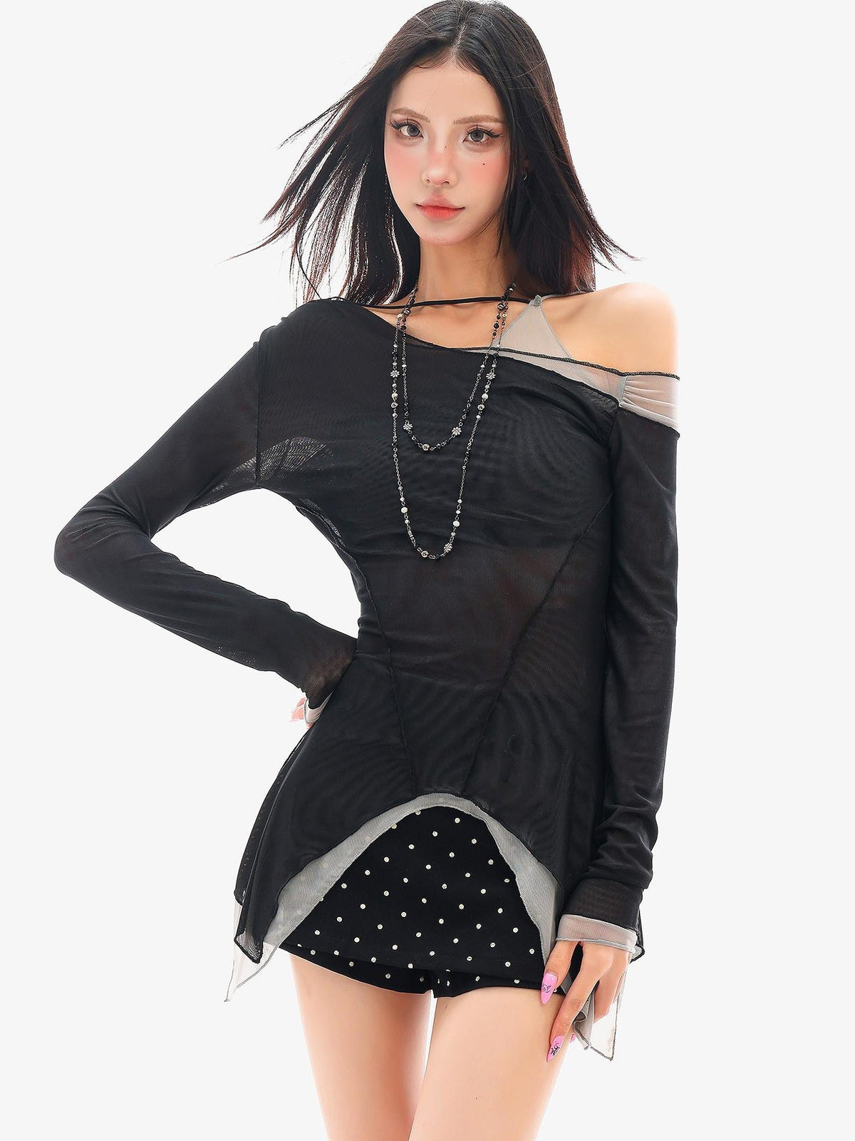 QIUQIU STUDIO Color Block Asymmetric One Shoulder Mesh Long Sleeve Women&