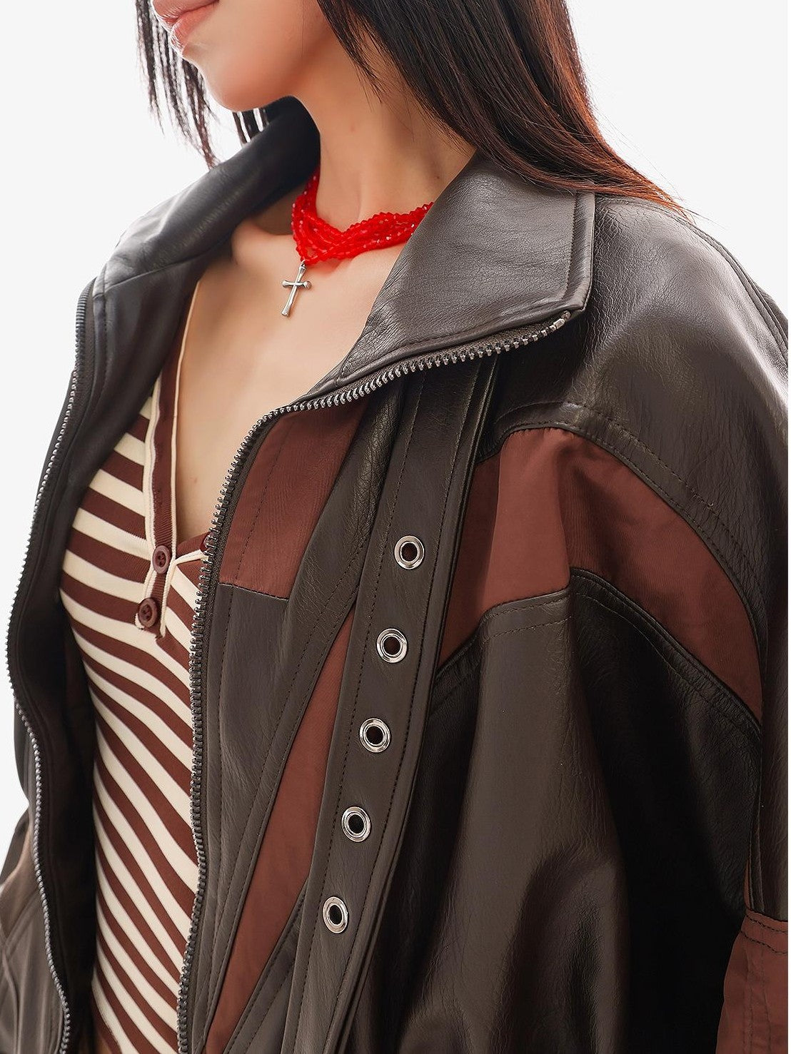 QIUQIU STUDIO Color Block Loose Fit Zipper Women&