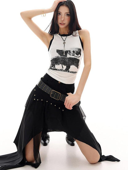 QIUQIU STUDIO Colorblock Creative Print Faux Layered Women&