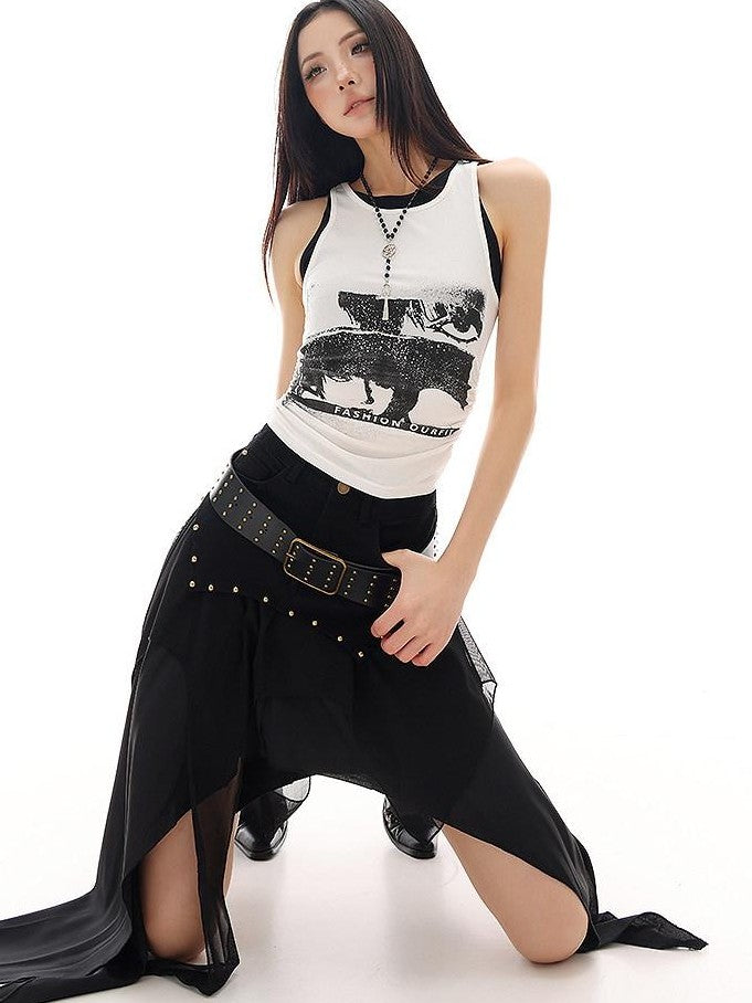 QIUQIU STUDIO Colorblock Creative Print Faux Layered Women&