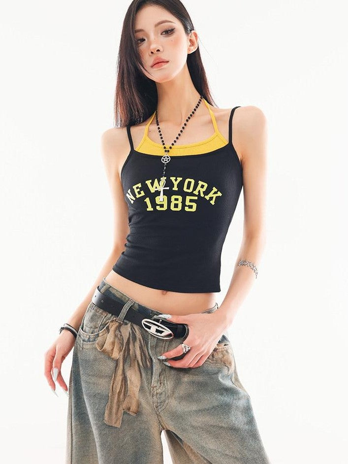 QIUQIU STUDIO Colorblock Faux Layered Letter Print Slim Waist Women&