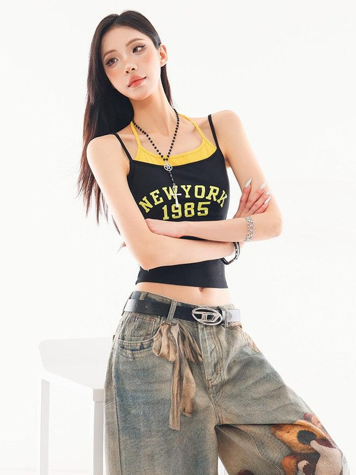 QIUQIU STUDIO Colorblock Faux Layered Letter Print Slim Waist Women&