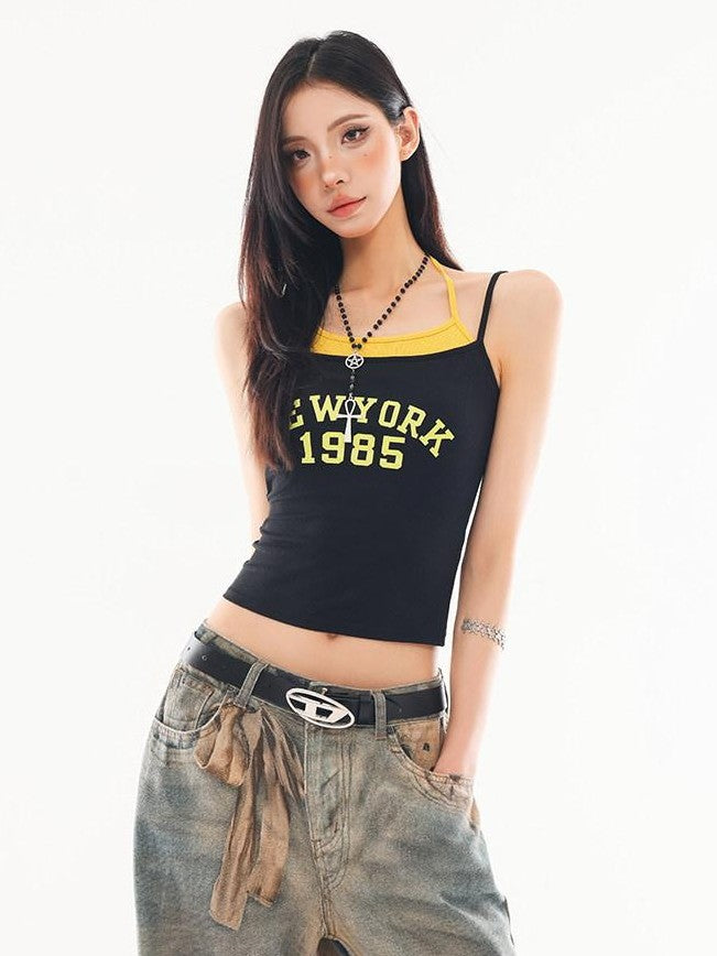 QIUQIU STUDIO Colorblock Faux Layered Letter Print Slim Waist Women&