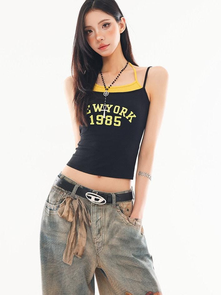 QIUQIU STUDIO Colorblock Faux Layered Letter Print Slim Waist Women&