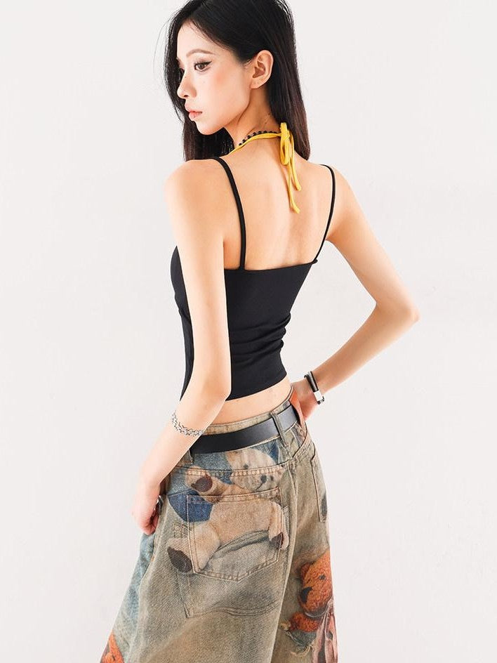 QIUQIU STUDIO Colorblock Faux Layered Letter Print Slim Waist Women&