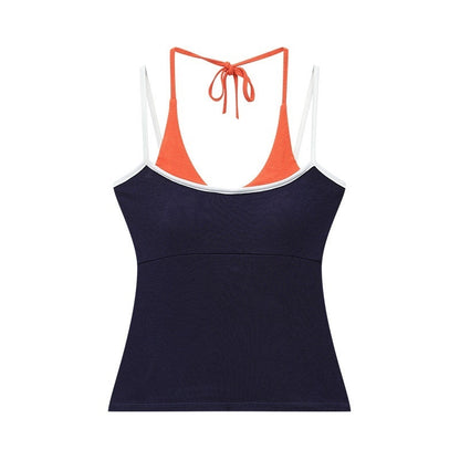 QIUQIU_STUDIO_Colorblock_Faux_Two_Piece_Halter_Crop_Slim_Padded_Women&