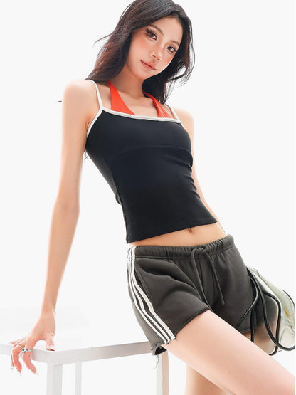 QIUQIU STUDIO Colorblock Faux Two Piece Halter Crop Slim Padded Women&