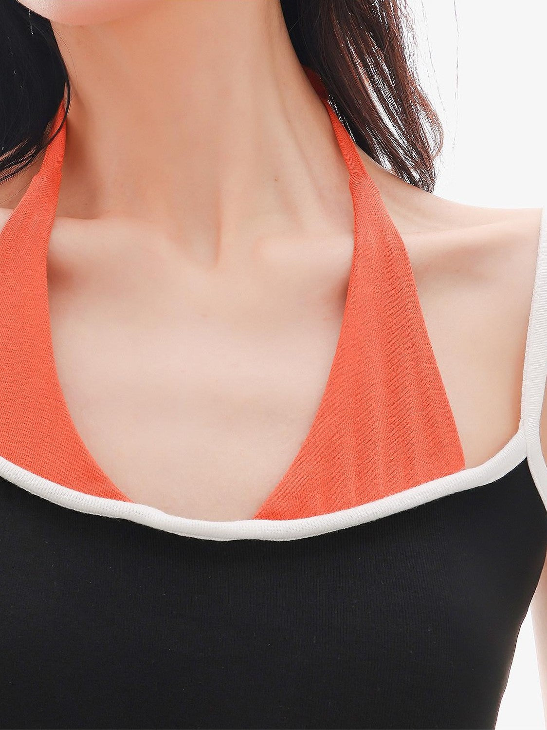 QIUQIU STUDIO Colorblock Faux Two Piece Halter Crop Slim Padded Women&