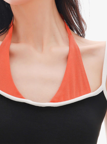 QIUQIU STUDIO Colorblock Faux Two Piece Halter Crop Slim Padded Women&