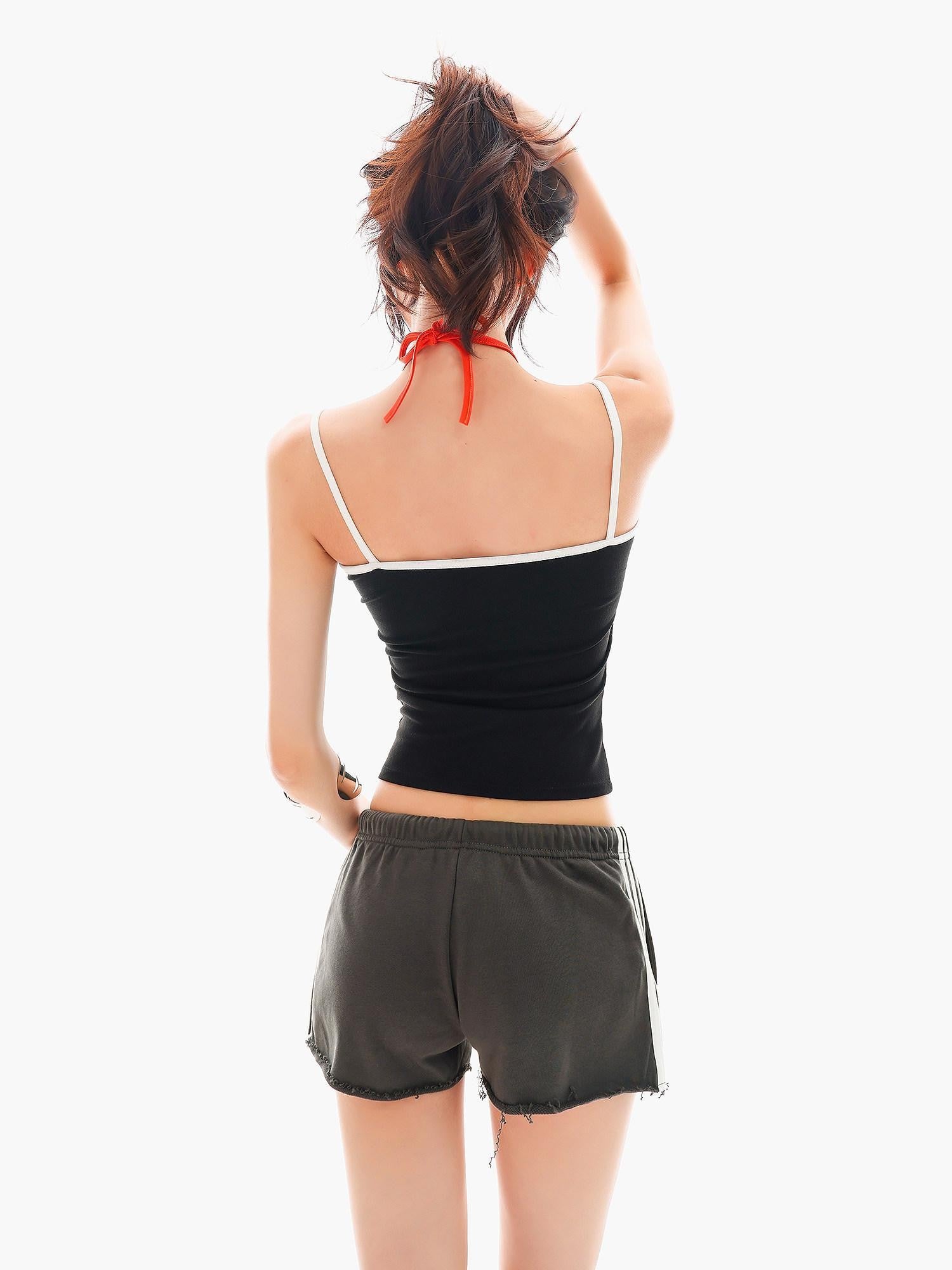 QIUQIU STUDIO Colorblock Faux Two Piece Halter Crop Slim Padded Women&