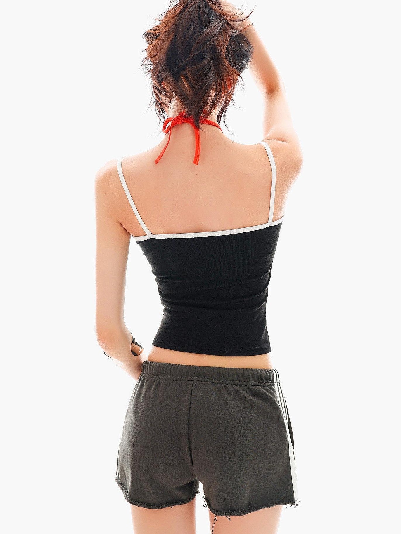 QIUQIU STUDIO Colorblock Faux Two Piece Halter Crop Slim Padded Women&