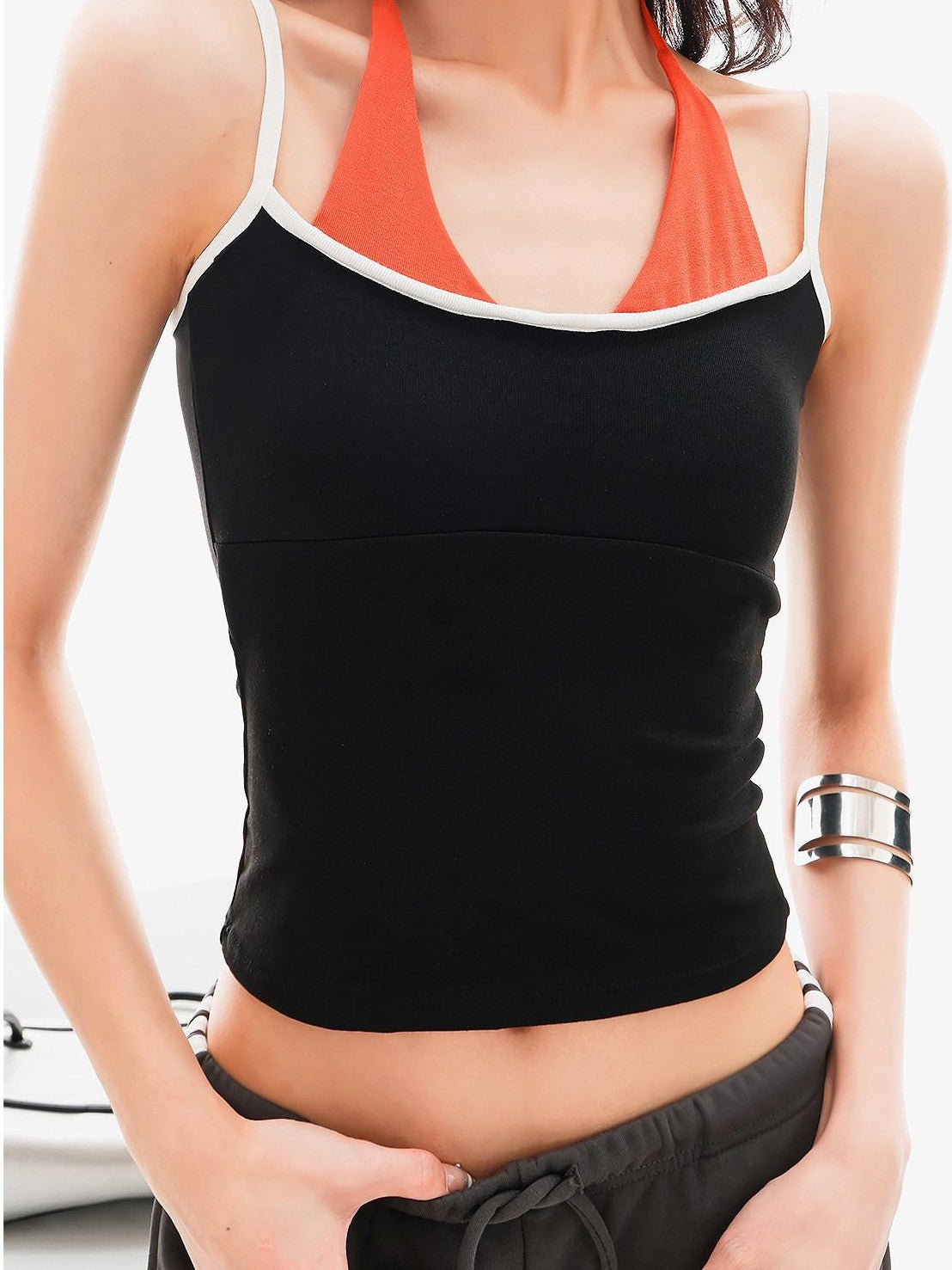 QIUQIU STUDIO Colorblock Faux Two Piece Halter Crop Slim Padded Women&