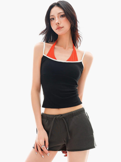 QIUQIU STUDIO Colorblock Faux Two Piece Halter Crop Slim Padded Women&