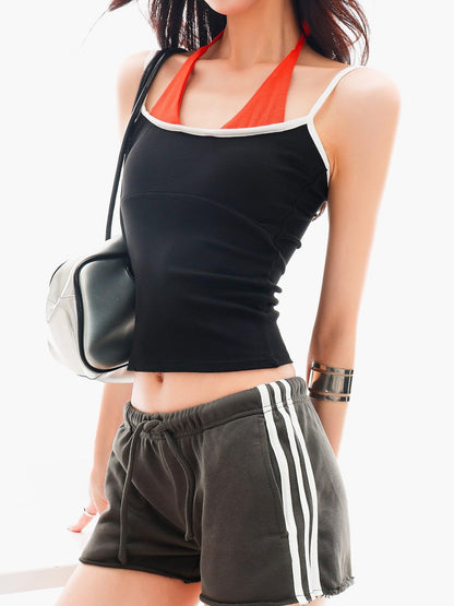 QIUQIU STUDIO Colorblock Faux Two Piece Halter Crop Slim Padded Women&