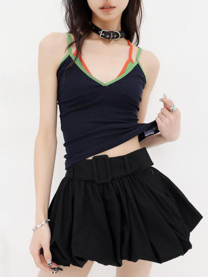 QIUQIU STUDIO Colorblock Faux Two Piece Slim Fit Halter Neck Women&