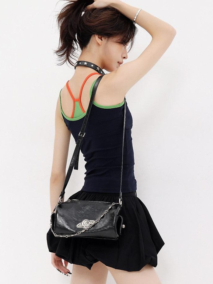 QIUQIU STUDIO Colorblock Faux Two Piece Slim Fit Halter Neck Women&