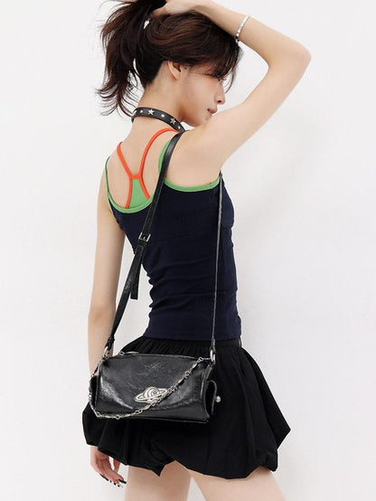 QIUQIU STUDIO Colorblock Faux Two Piece Slim Fit Halter Neck Women&