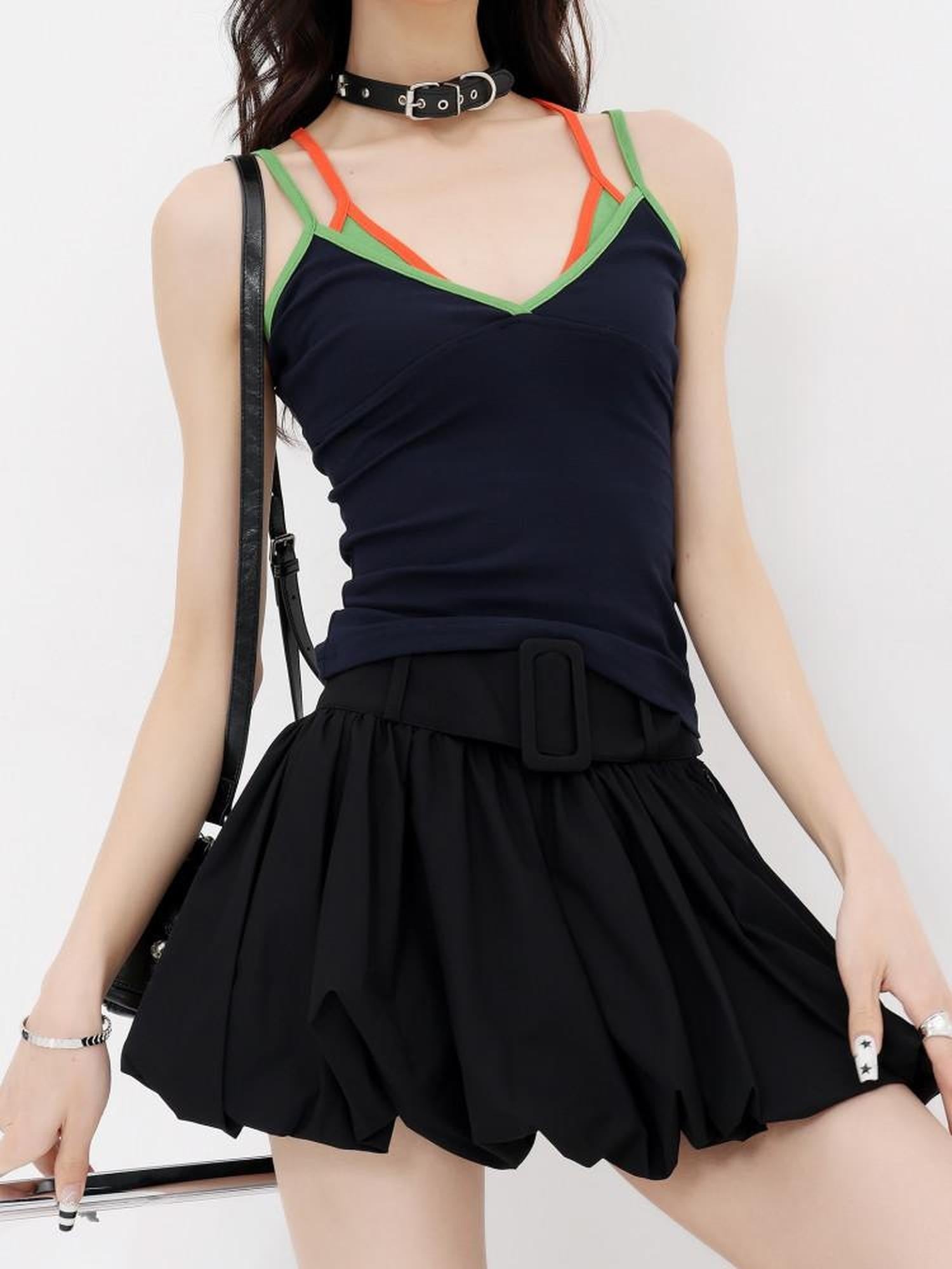 QIUQIU STUDIO Colorblock Faux Two Piece Slim Fit Halter Neck Women&