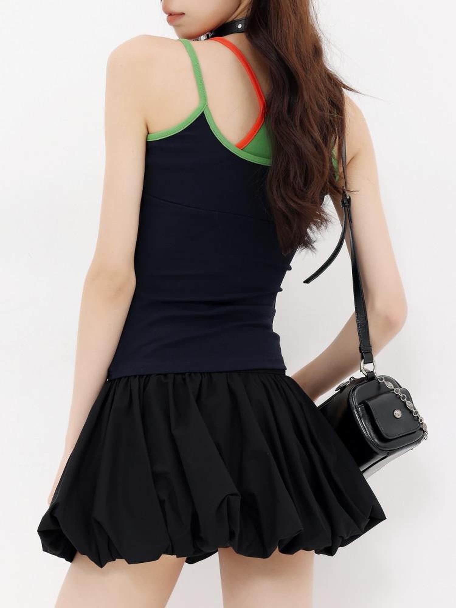 QIUQIU STUDIO Colorblock Faux Two Piece Slim Fit Halter Neck Women&