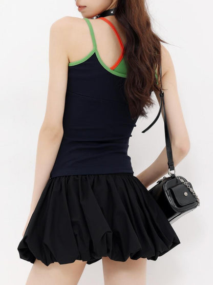 QIUQIU STUDIO Colorblock Faux Two Piece Slim Fit Halter Neck Women&