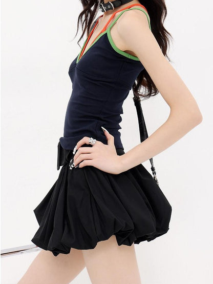 QIUQIU STUDIO Colorblock Faux Two Piece Slim Fit Halter Neck Women&