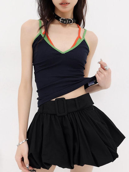 QIUQIU STUDIO Colorblock Faux Two Piece Slim Fit Halter Neck Women&