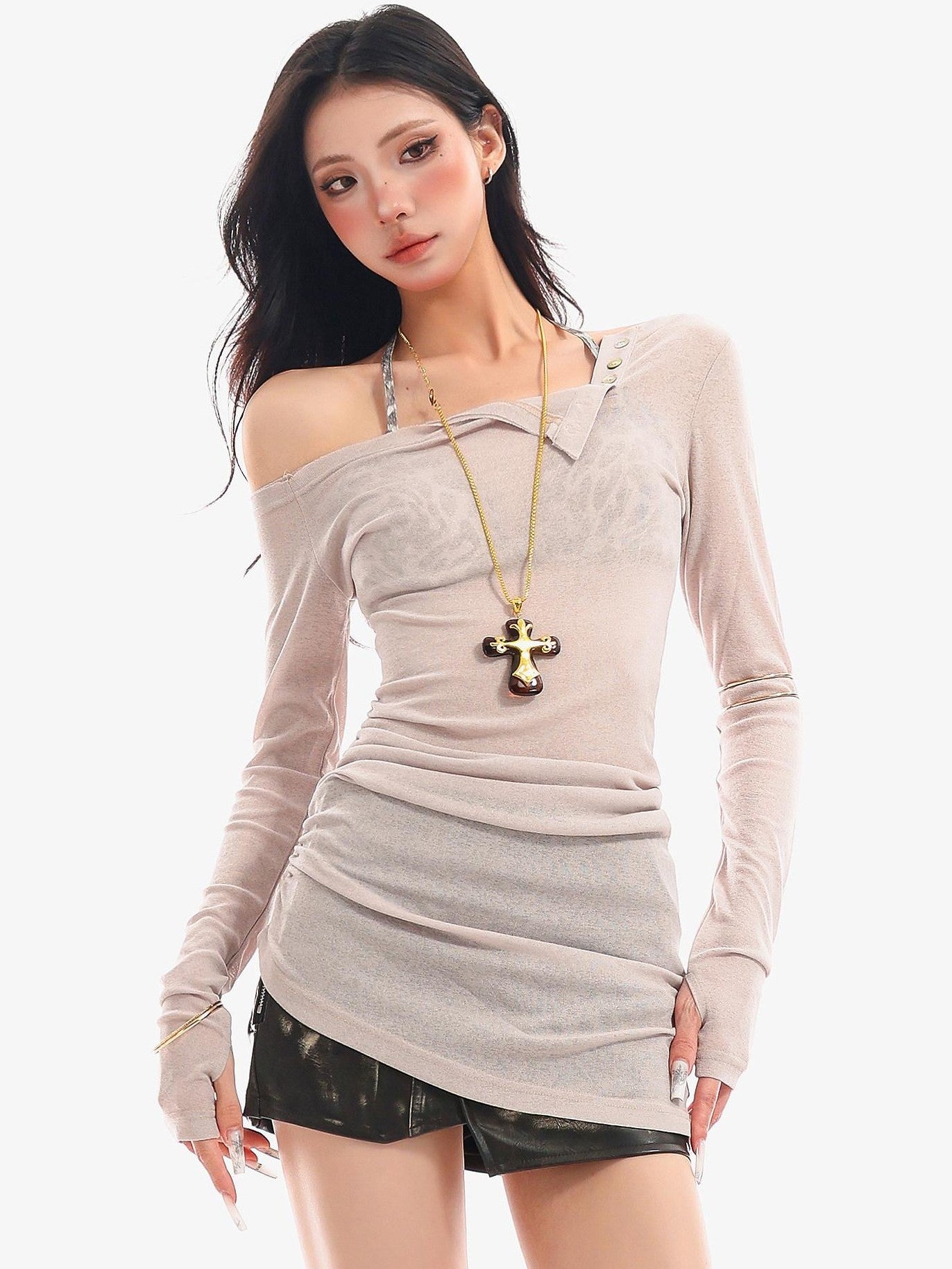 QIUQIU STUDIO Colorblock Halter One Shoulder Women&