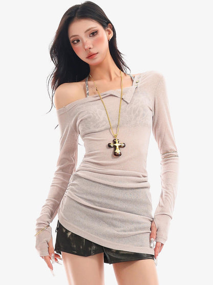 QIUQIU STUDIO Colorblock Halter One Shoulder Women&