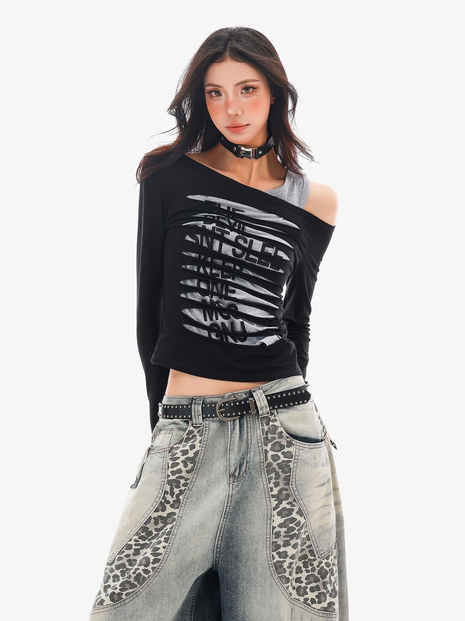 QIUQIU STUDIO Colorblock Patchwork Distressed Off Shoulder Women&