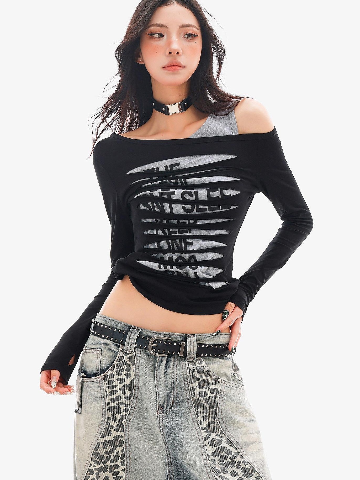 QIUQIU STUDIO Colorblock Patchwork Distressed Off Shoulder Women&