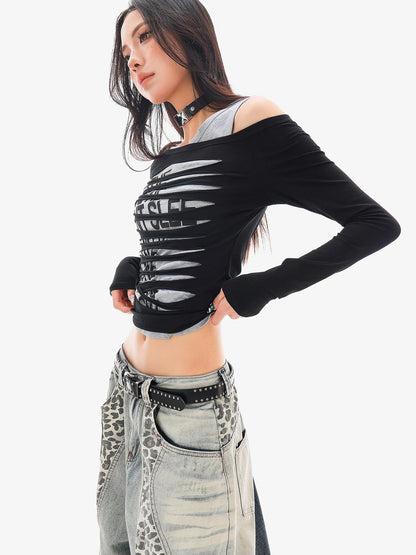 QIUQIU STUDIO Colorblock Patchwork Distressed Off Shoulder Women&