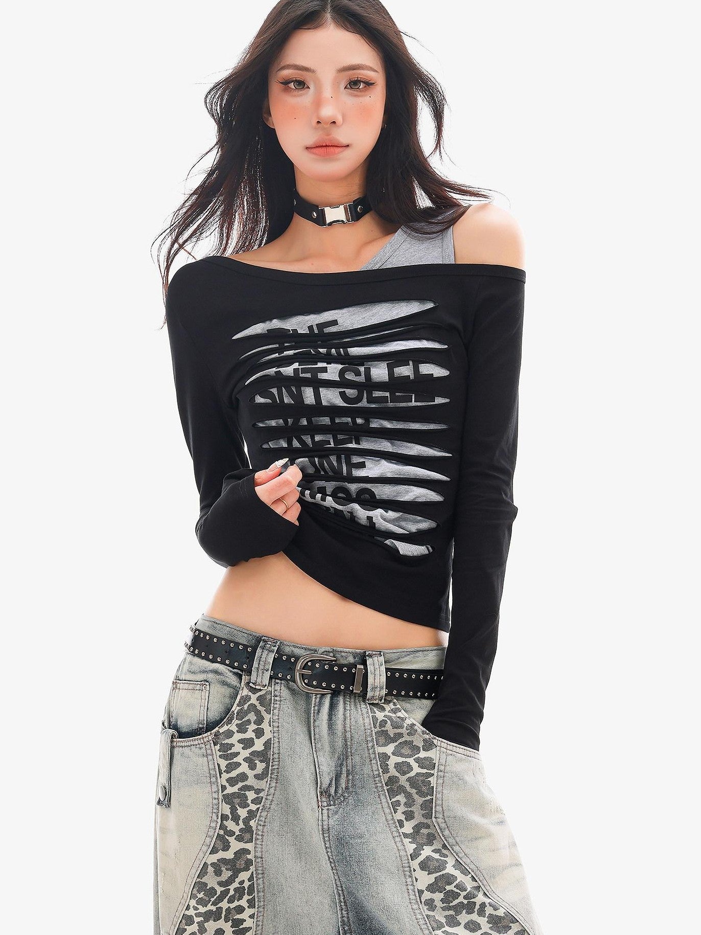 QIUQIU STUDIO Colorblock Patchwork Distressed Off Shoulder Women&