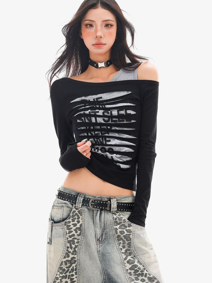 QIUQIU STUDIO Colorblock Patchwork Distressed Off Shoulder Women&
