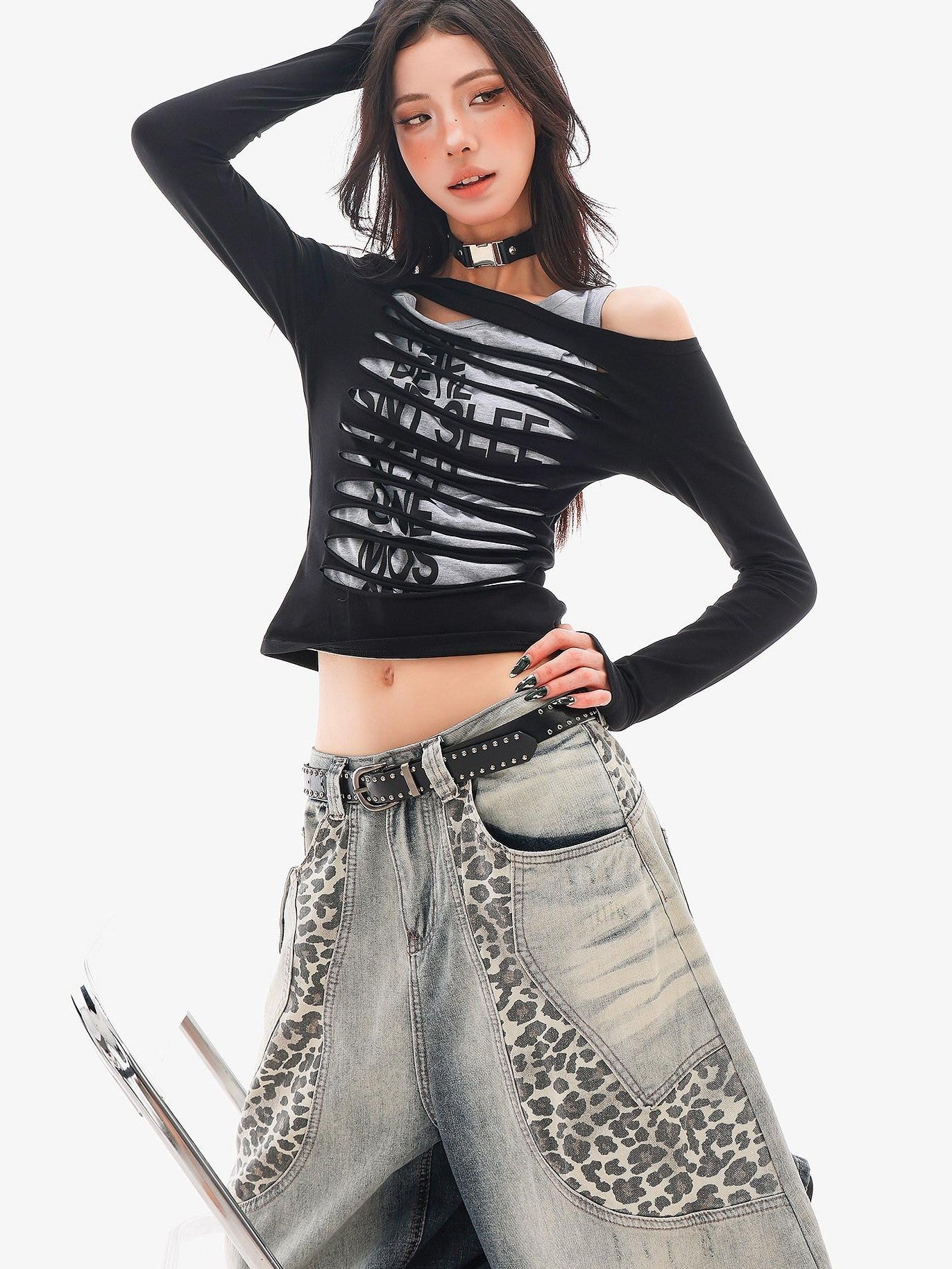 QIUQIU STUDIO Colorblock Patchwork Distressed Off Shoulder Women&
