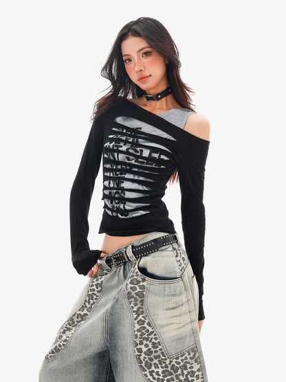QIUQIU STUDIO Colorblock Patchwork Distressed Off Shoulder Women&