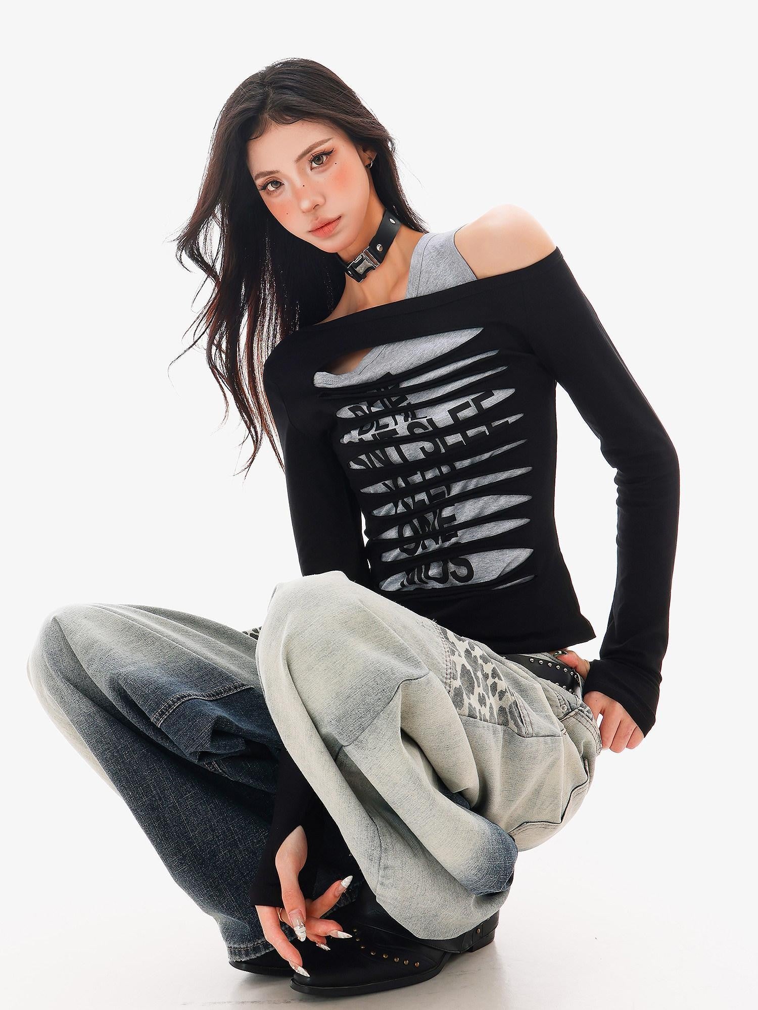 QIUQIU STUDIO Colorblock Patchwork Distressed Off Shoulder Women&