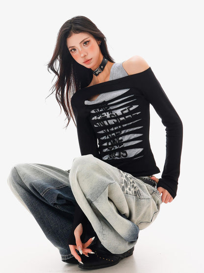 QIUQIU STUDIO Colorblock Patchwork Distressed Off Shoulder Women&