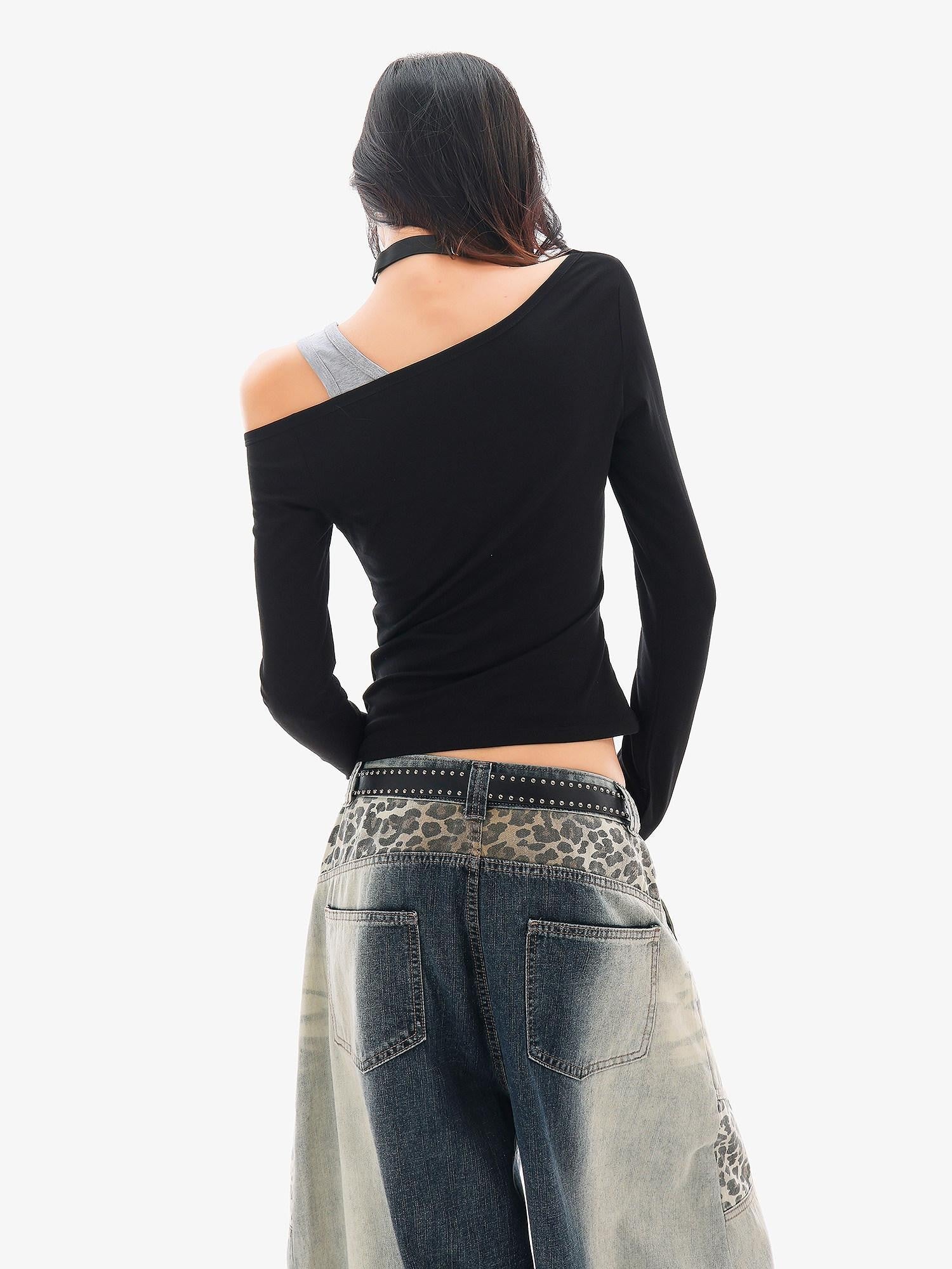 QIUQIU STUDIO Colorblock Patchwork Distressed Off Shoulder Women&