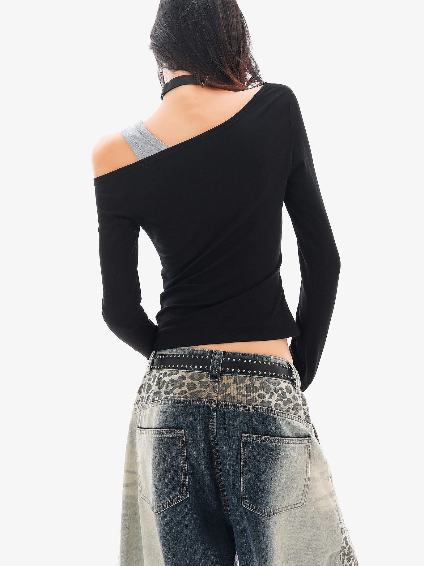 QIUQIU STUDIO Colorblock Patchwork Distressed Off Shoulder Women&