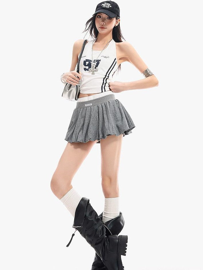 QIUQIU STUDIO Colorblock Patchwork Pleated Puff Mid Waist Lined Women&