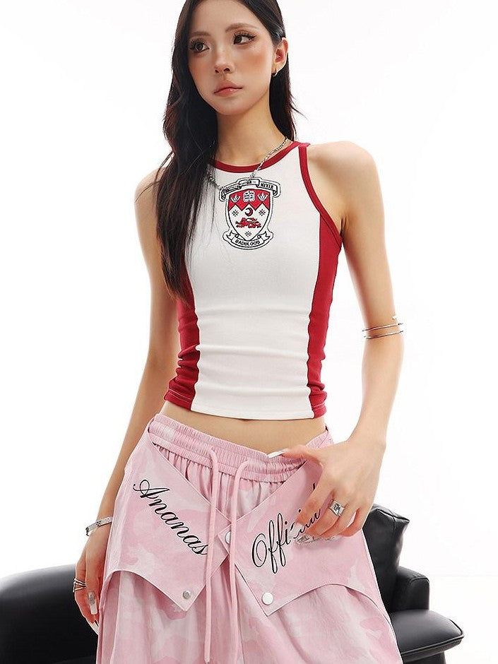 QIUQIU STUDIO Colorblock Print Patchwork Cropped Slimfit Crewneck Women&