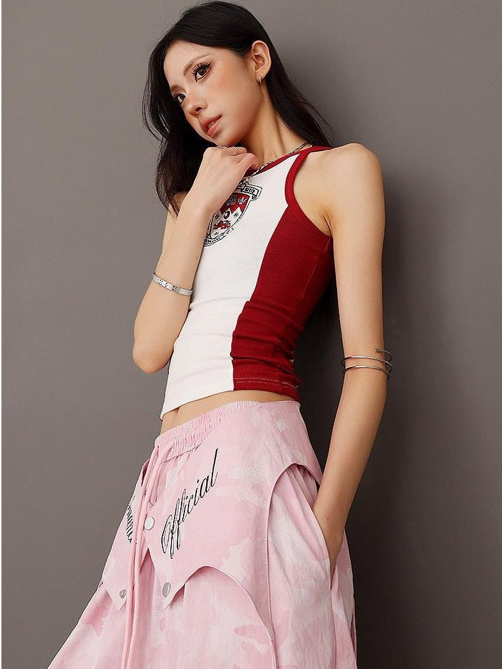 QIUQIU STUDIO Colorblock Print Patchwork Cropped Slimfit Crewneck Women&