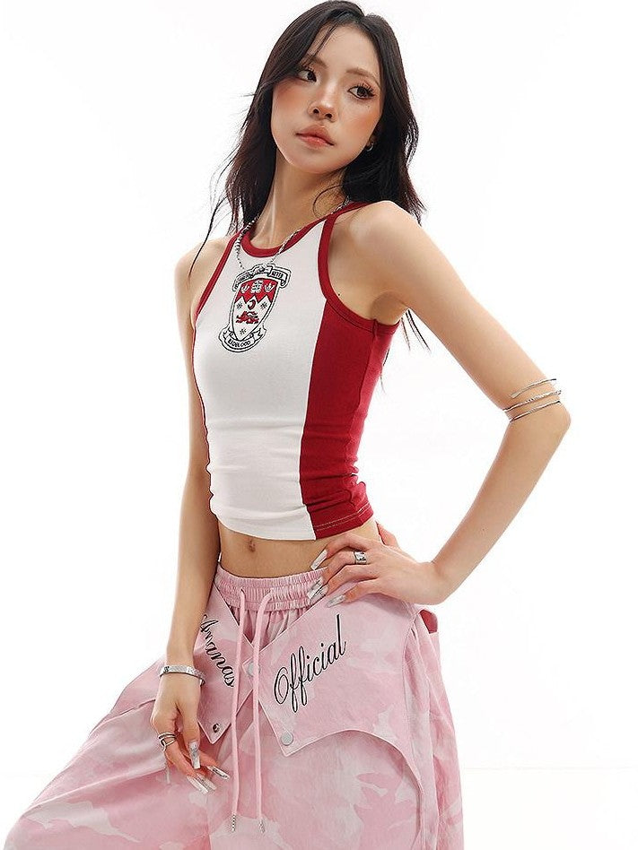 QIUQIU STUDIO Colorblock Print Patchwork Cropped Slimfit Crewneck Women&